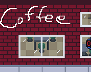 Pixel art of a brick building that says coffee
